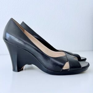 Joan & David Circa Delfina Black Leather Platform Wedge Open Toe 3” Heels Size 8